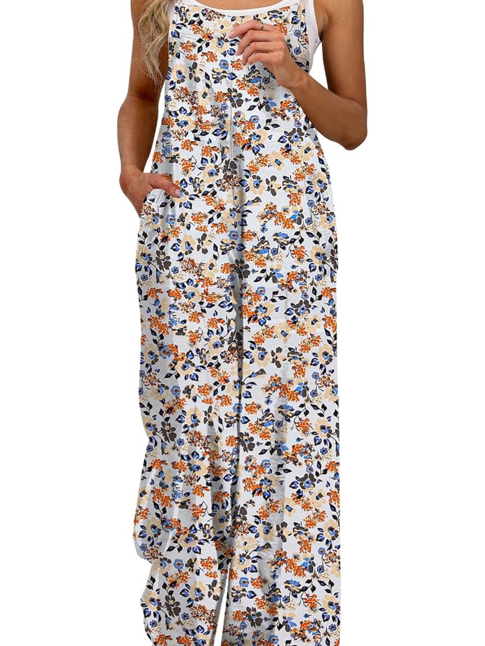 Amazon White Floral Sleeveless Wide-Leg Jumpsuit with Blue & Orange Print